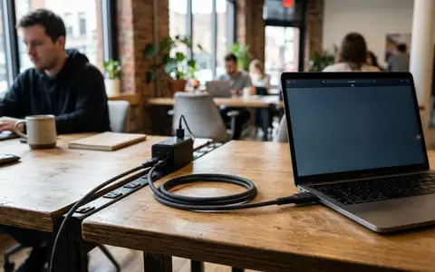 Fotorealistische Aufnahme von USB-C-Ladekabel am Arbeitsplatz zum Thema JSAUX USB-C auf USB-C, natuerliches Licht - Foto: THN