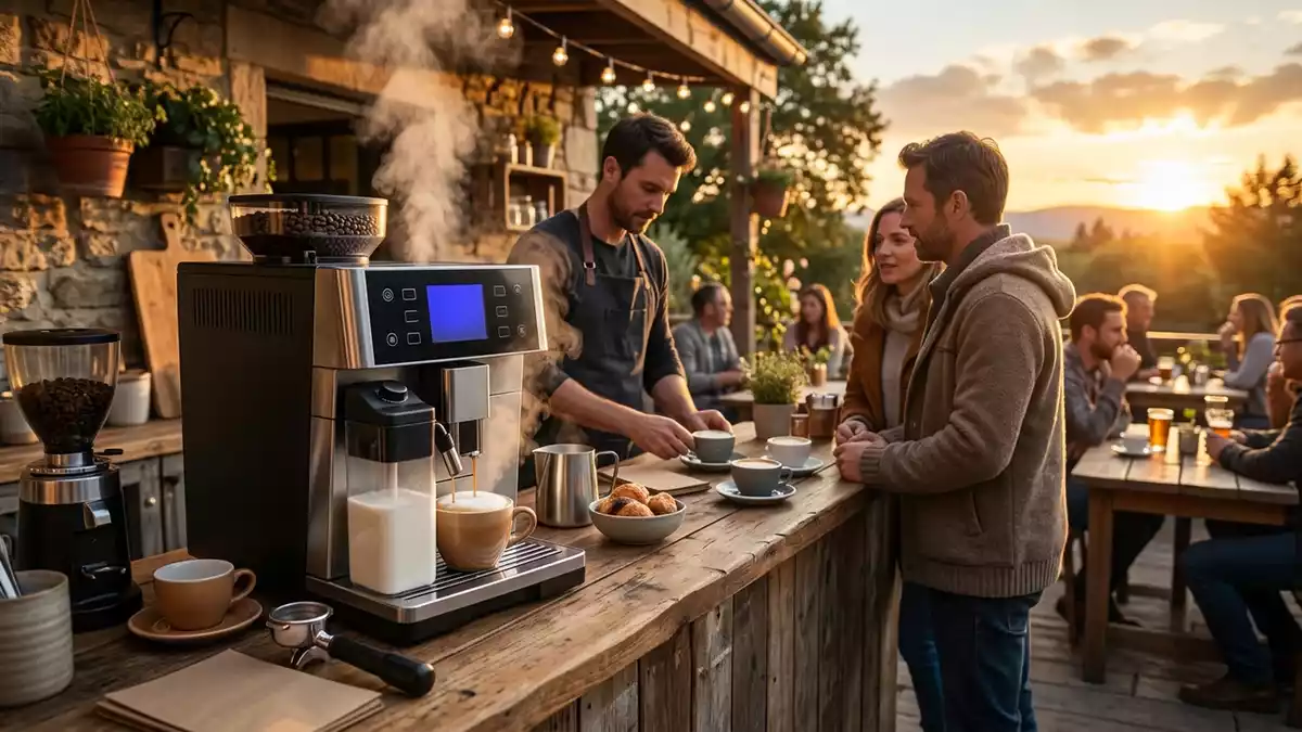 Fotorealistische Ansicht von Kaffeevollautomat auf der Terrasse in warmem Abendlicht