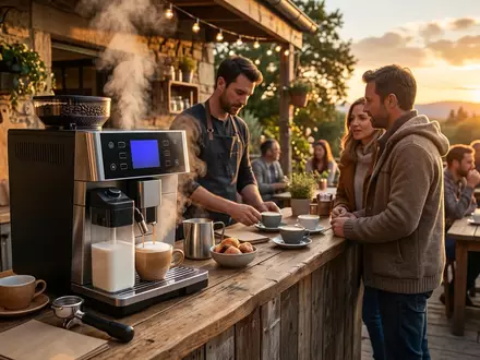 Fotorealistische Aufnahme von Kaffeevollautomat auf der Terrasse zum Thema Jura E8 Kaffeevollautomat Piano, warmes Abendlicht - Foto: THN