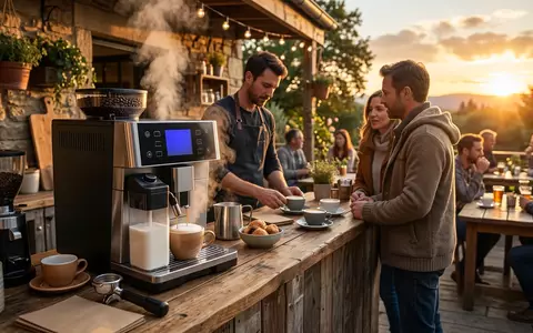 Fotorealistische Aufnahme von Kaffeevollautomat auf der Terrasse zum Thema Jura E8 Kaffeevollautomat Piano, warmes Abendlicht - Foto: THN