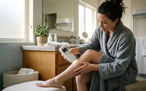 Fotorealistische Aufnahme von IPL-Haarentfernungsgeraet im Badezimmer zum Thema Jovs X Blade IPL, natuerliches Licht - Foto: THN
