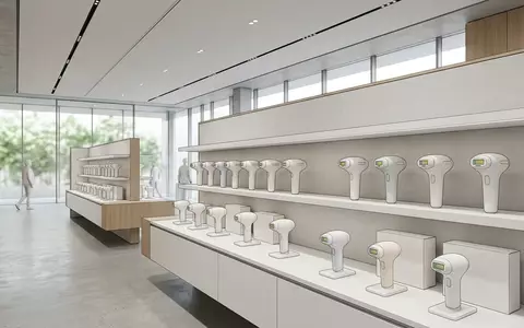 Architektur-Render im Beauty-Elektronikgeschaeft mit IPL-Haarentfernungsgeraet zum Thema Jovs X Blade IPL, neutrales Tageslicht - Foto: THN