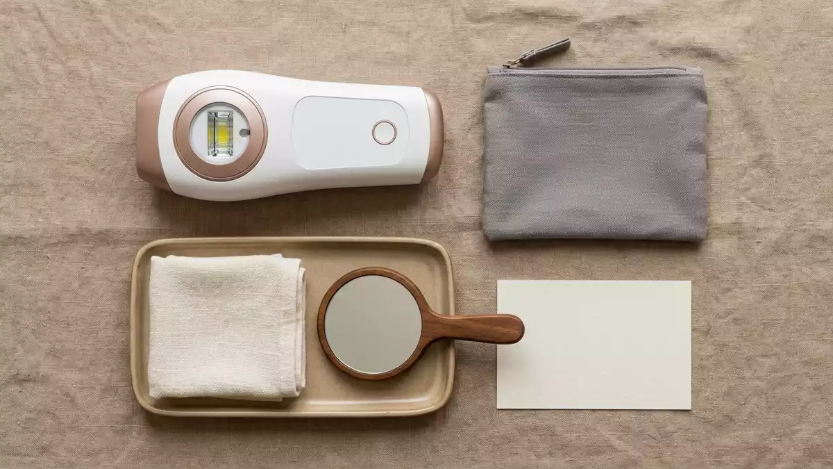 Flatlay-Arrangement rund um IPL-Haarentfernungsgeraet mit passenden Requisiten