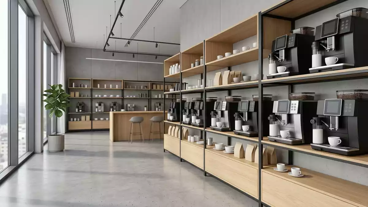 Architektur-Render im Kaffeemaschinenfachgeschaeft mit Kaffeevollautomat