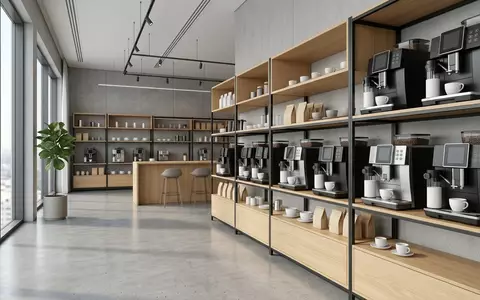 Architektur-Render im Kaffeemaschinenfachgeschaeft mit Kaffeevollautomat zum Thema Jura S8 Kaffeevollautomat Moonlight, neutrales Tageslicht - Foto: THN