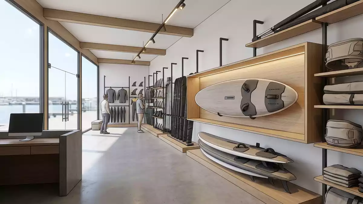 Architektur-Render im Wassersportfachgeschaeft mit Windsurfboard im Ausstellungsbereich