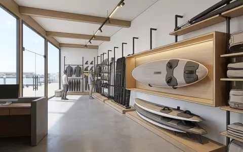 Architektur-Render im Wassersportfachgeschaeft mit Windsurfboard zum Thema JP Australia Freestyle Windsurfboard, neutrales Tageslicht - Foto: THN