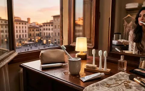 Fotorealistische Aufnahme von Zahnbuerstenkoepfe auf Reisen zum Thema Philips Sonicare Aufsteckbürsten Premium, warmes Abendlicht - Foto: THN