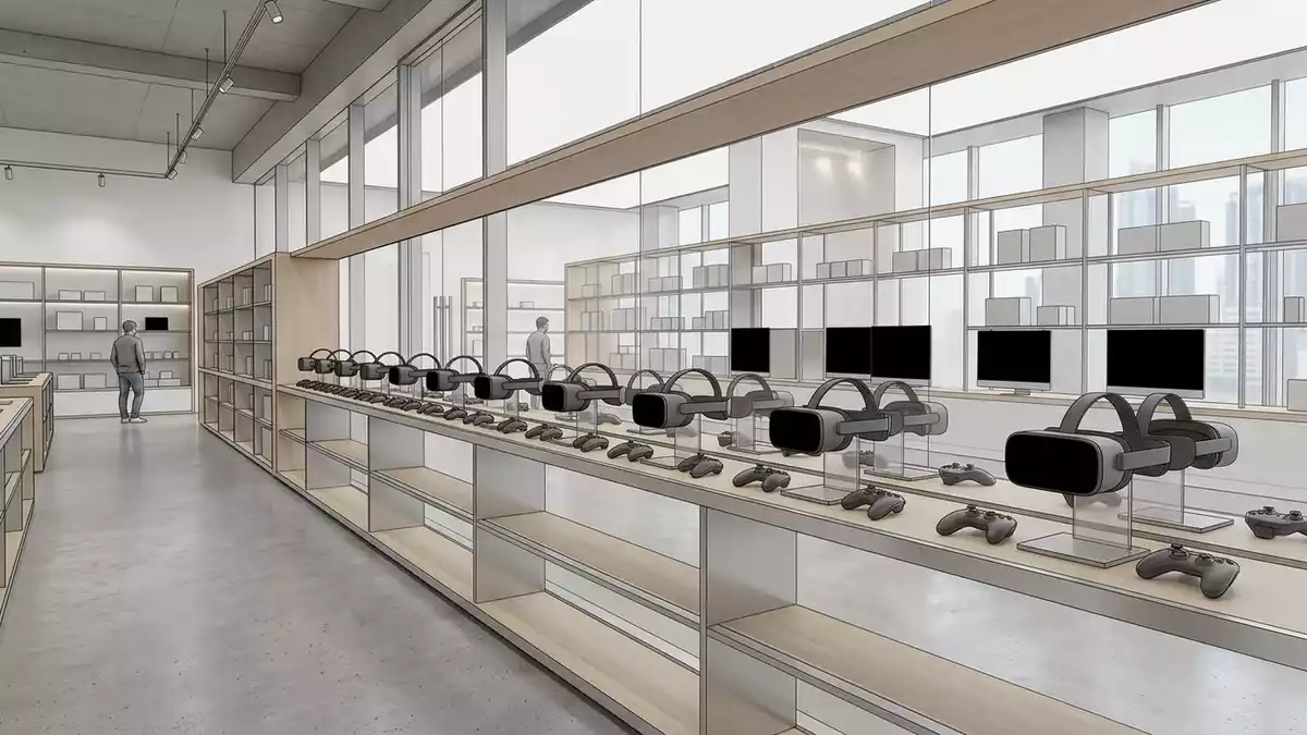 Architektur-Render im Elektronik Showroom mit VR-Headset im Ausstellungsbereich