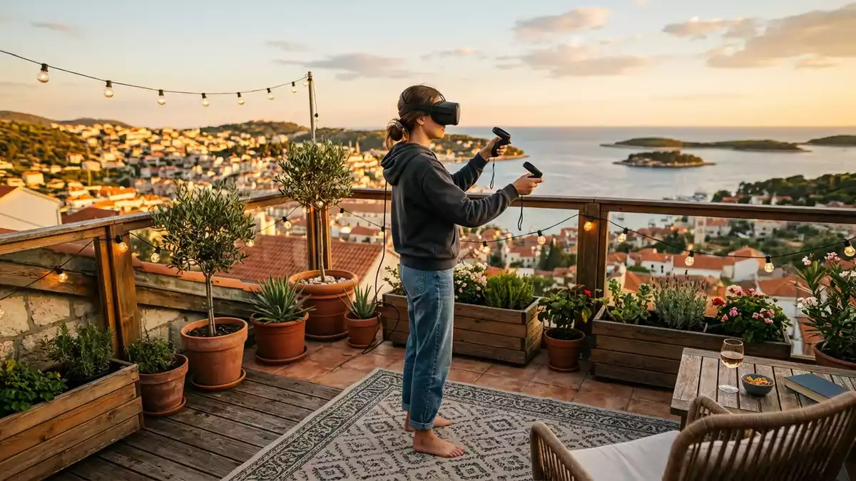 Fotorealistische Ansicht von VR-Headset auf der Terrasse in warmem Abendlicht, neutral