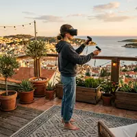 Fotorealistische Aufnahme von VR-Headset auf der Terrasse zum Thema Pico 4 Ultra 256GB, warmes Abendlicht - Foto: THN