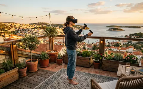 Fotorealistische Aufnahme von VR-Headset auf der Terrasse zum Thema Pico 4 Ultra 256GB, warmes Abendlicht - Foto: THN