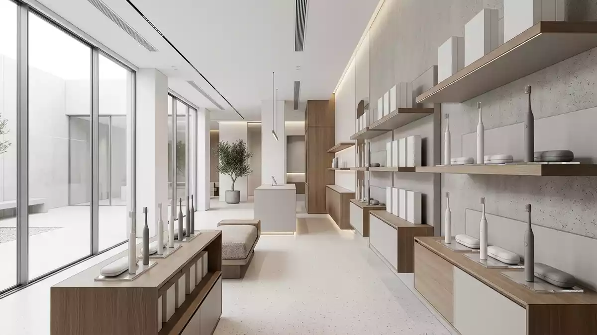Architektur-Render im Koerperpflege Laden mit Schallzahnbuerste im Ausstellungsbereich