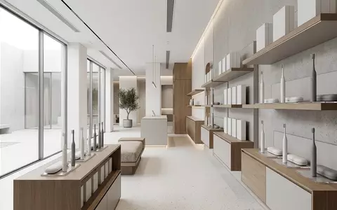 Architektur-Render im Koerperpflege Laden mit Schallzahnbuerste zum Thema Philips Sonicare ExpertClean 7500, neutrales Tageslicht - Foto: THN