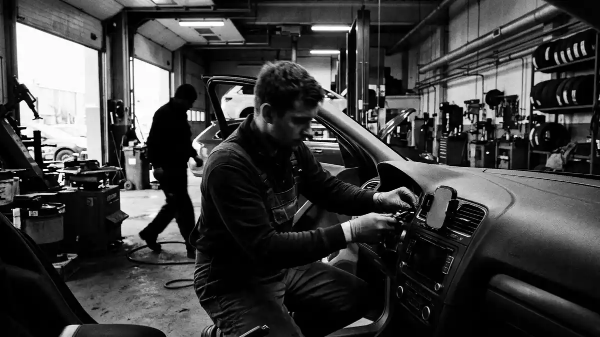 Schwarzweiss-Reportagebild mit Kfz-Handyhalterung in dokumentarischer Arbeitsumgebung