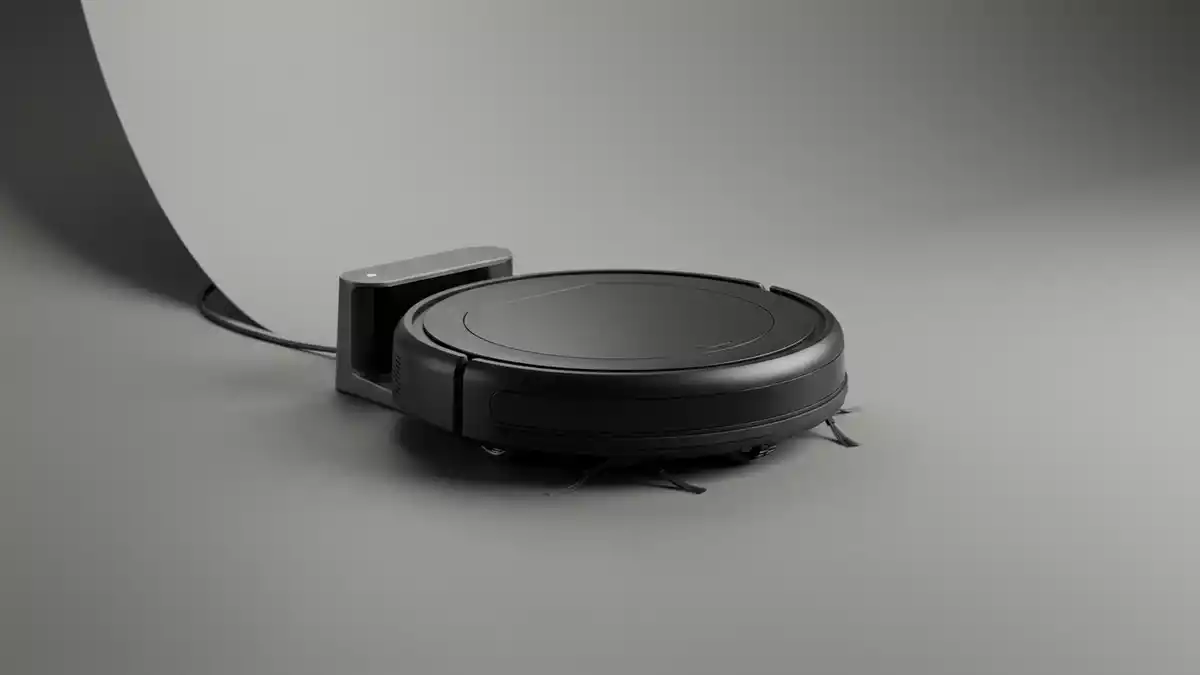 Fotorealistische Studioansicht von Saugroboter in neutraler Produktdarstellung