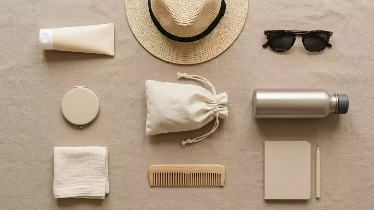 Flatlay-Arrangement rund um Sonnenschutzfluid mit passenden Requisiten von oben