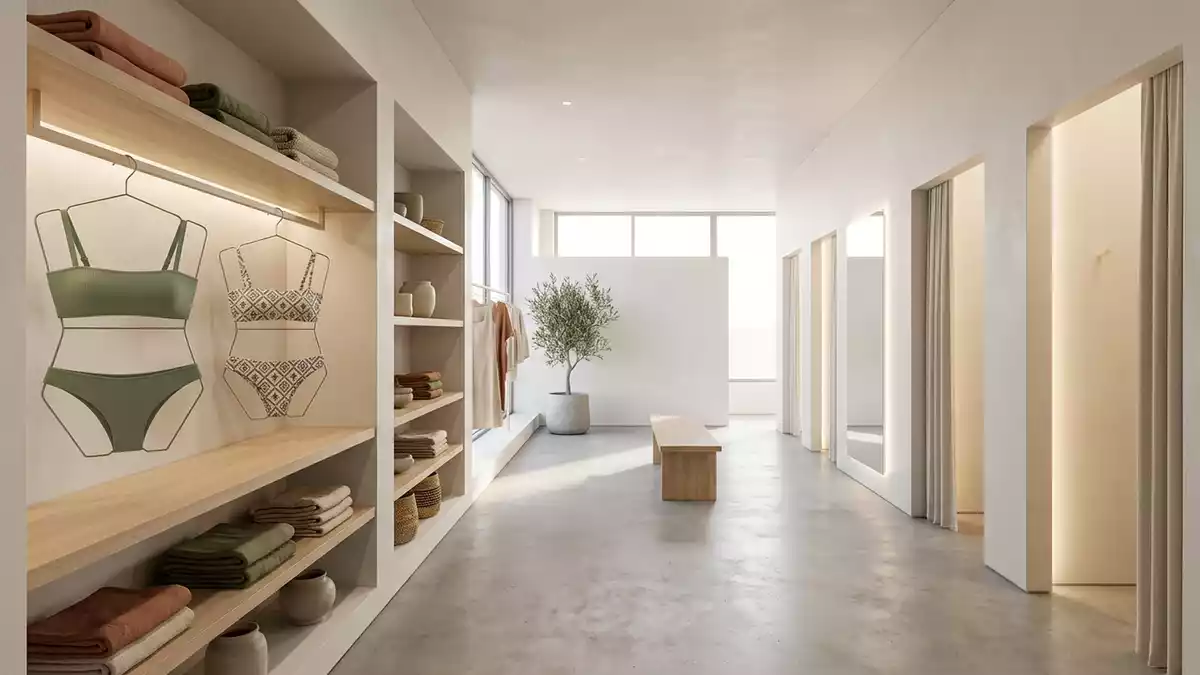 Architektur-Render im Bademodenladen mit Bikini-Set im Ausstellungsbereich, neutral