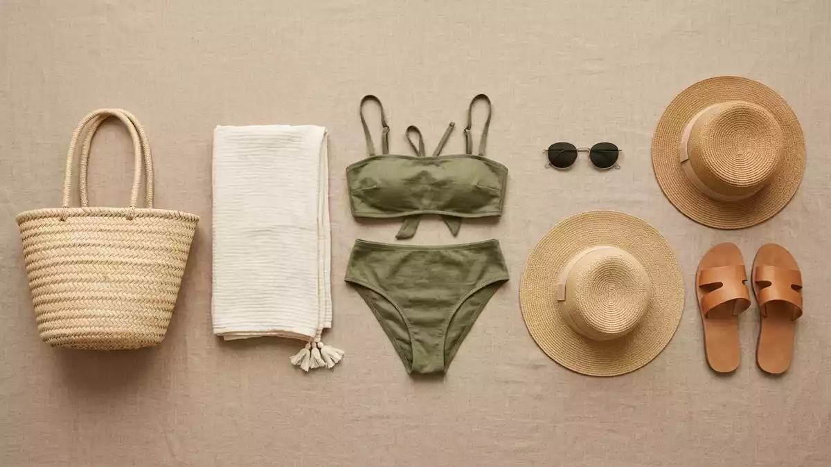 Flatlay-Arrangement rund um Bikini-Set mit passenden Requisiten von oben, neutral