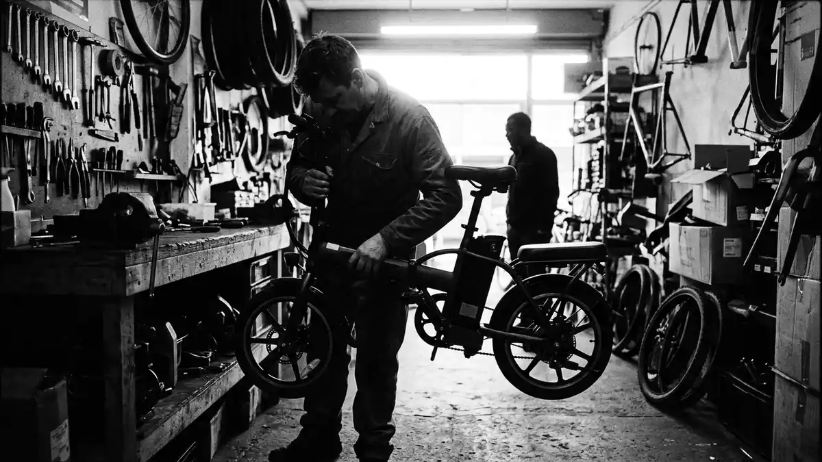 Schwarzweiss-Reportagebild mit Klapp-E-Bike in dokumentarischer Arbeitsumgebung