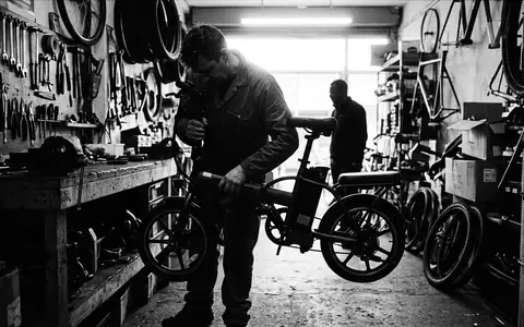 Schwarzweiss-Reportage mit Klapp-E-Bike zum Thema Telefunken Folienrad Klapp-E-Bike 20, hoher Kontrast, sachlich dargestellt - Foto: THN