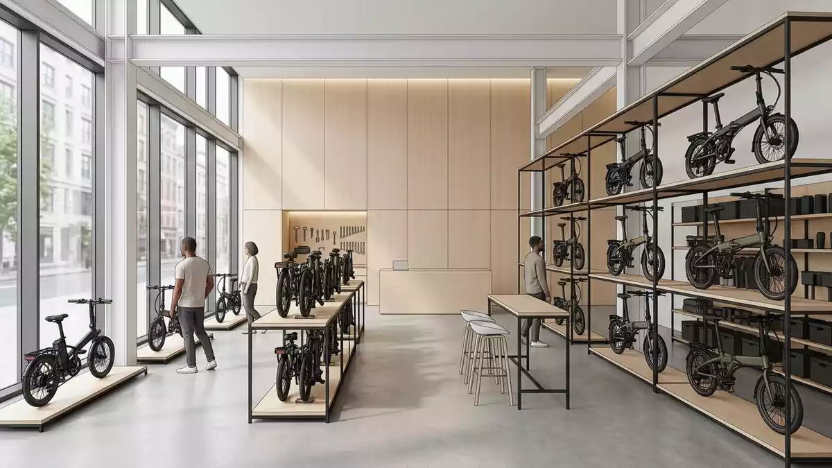 Architektur-Render im Fahrradladen mit Klapp-E-Bike im Ausstellungsbereich, neutral