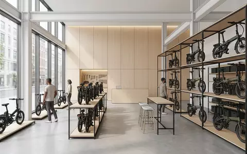 Architektur-Render im Fahrradladen mit Klapp-E-Bike zum Thema Telefunken Folienrad Klapp-E-Bike 20, neutrales Tageslicht - Foto: THN