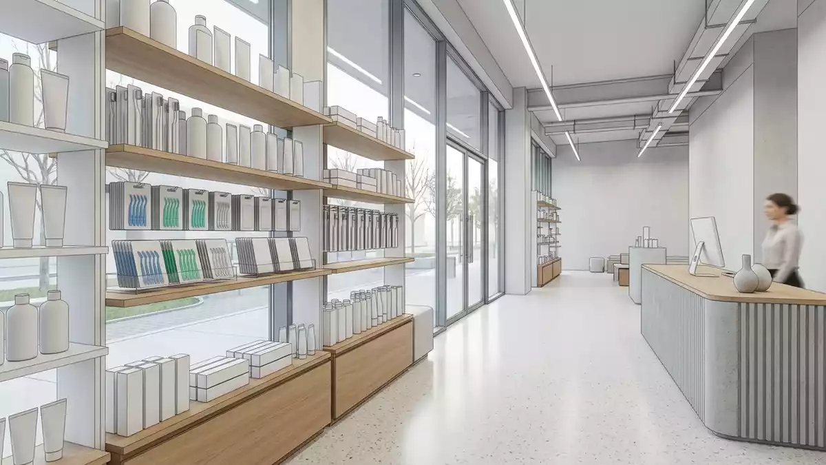 Architektur-Render im Mundpflegeladen mit Interdentalreiniger im Ausstellungsbereich