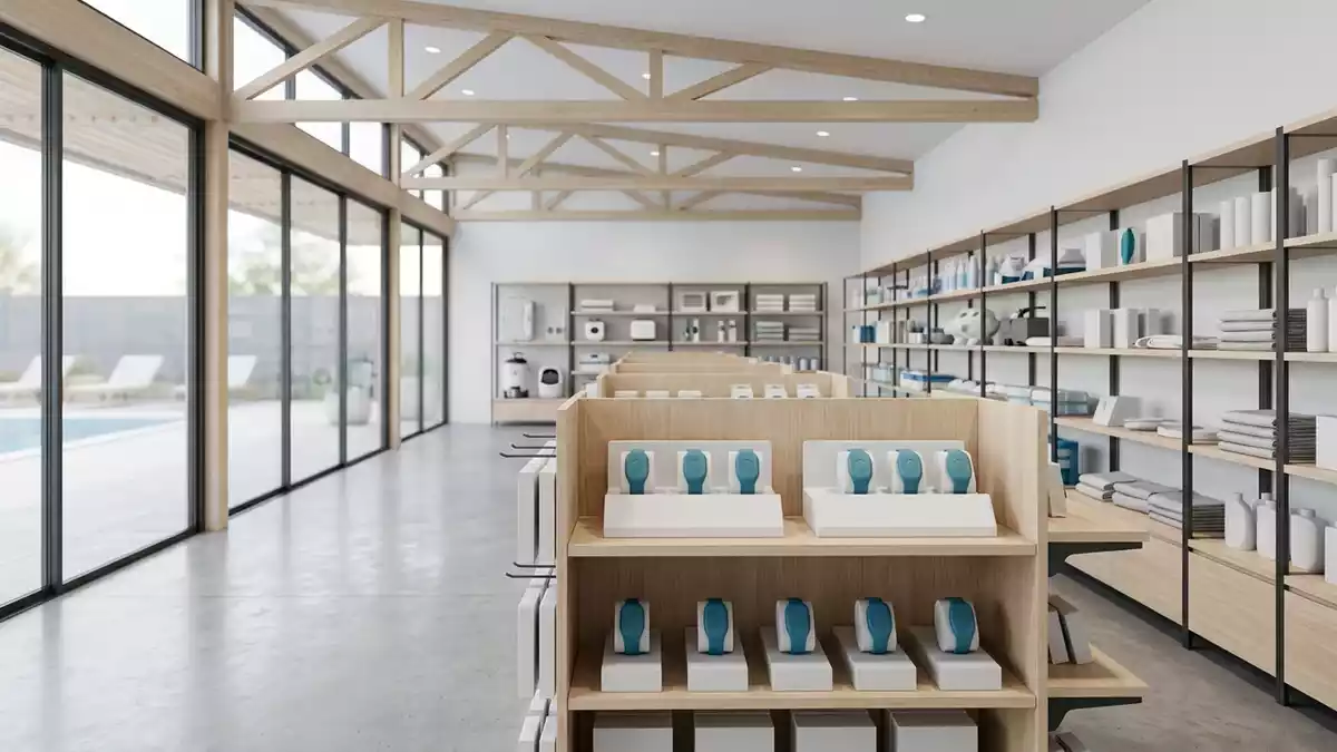 Architektur-Render im Poolzubehoergeschaeft mit Schwimmsicherheitsband im Ausstellungsbereich