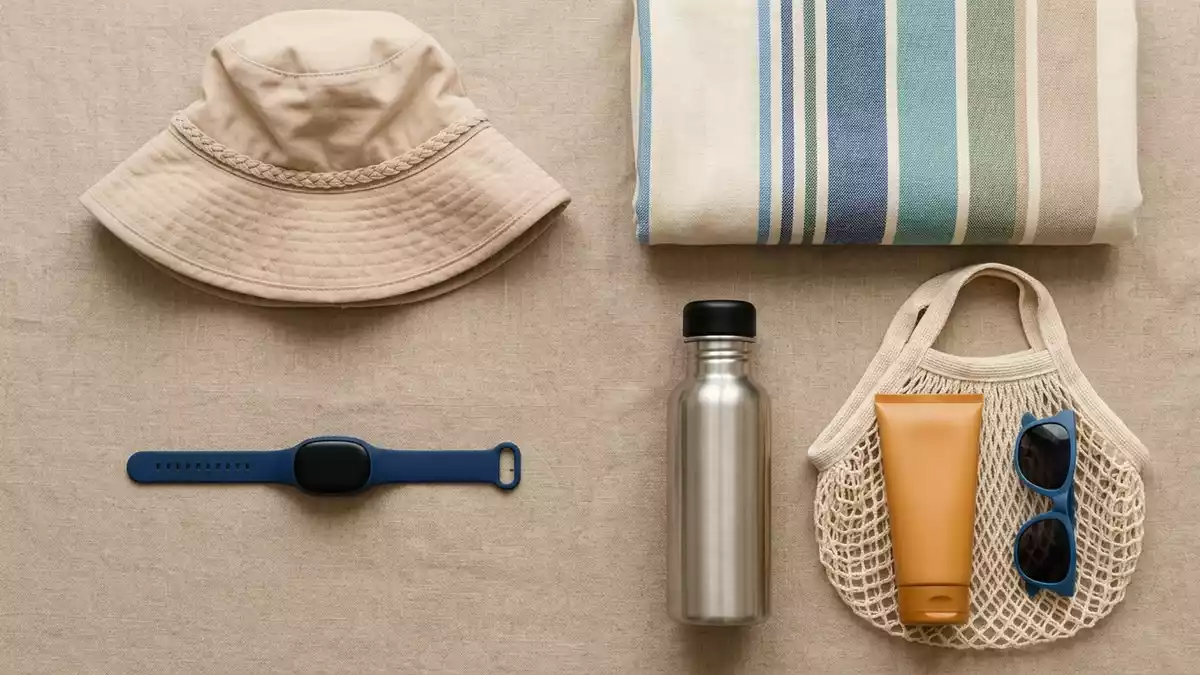 Flatlay-Arrangement rund um Schwimmsicherheitsband mit passenden Requisiten von oben