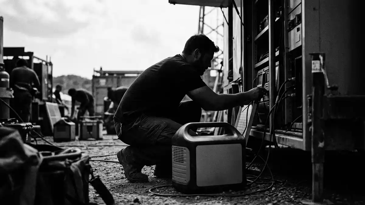 Schwarzweiss-Reportagebild mit Tragbare Powerstation in dokumentarischer Arbeitsumgebung