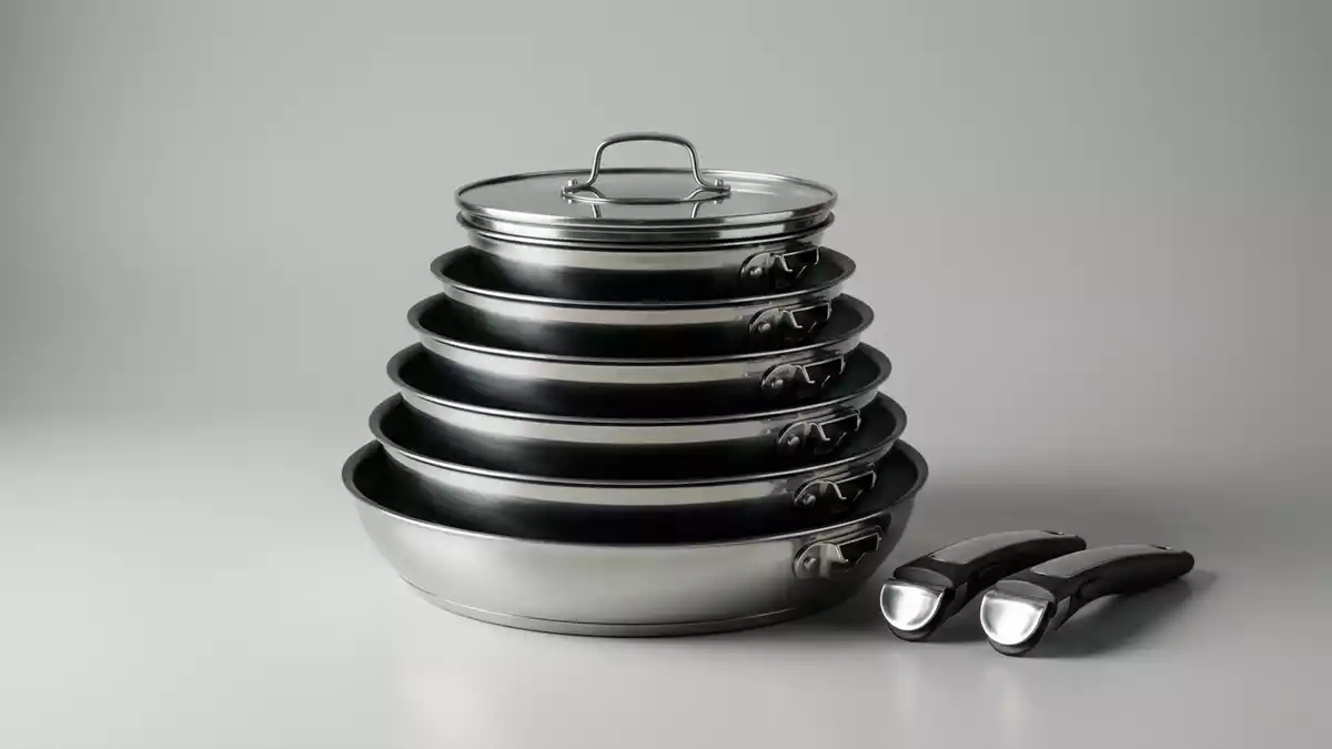 Fotorealistische Studioansicht von Pfannenset in neutraler Produktdarstellung, neutral