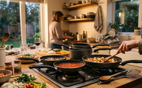 Fotorealistische Aufnahme von Pfannenset in der Kueche zum Thema Tefal Ingenio Pfannenset 3-teilig, warmes Abendlicht - Foto: THN