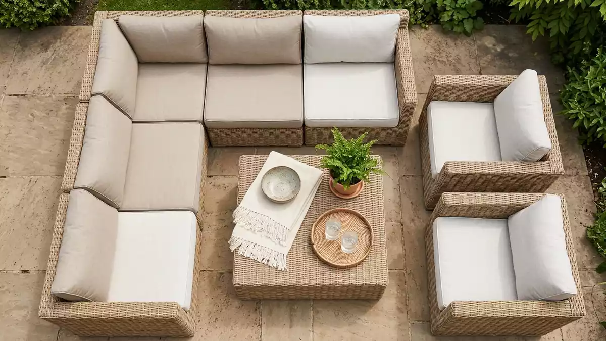 Flatlay-Arrangement rund um Gartenlounge mit passenden Requisiten von oben, neutral