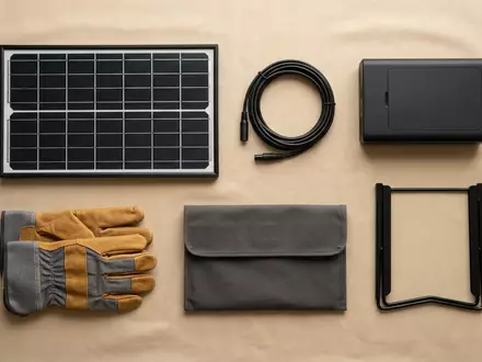 Flatlay-Arrangement rund um Solarpanel zum Thema EcoFlow 400W Bifaziales Solarpanel, weiches Oberlicht - Foto: THN