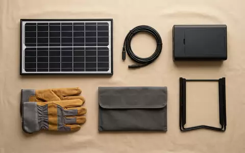 Flatlay-Arrangement rund um Solarpanel zum Thema EcoFlow 400W Bifaziales Solarpanel, weiches Oberlicht - Foto: THN