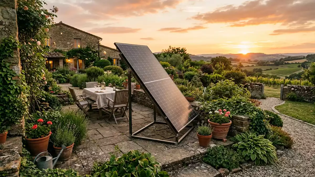 Fotorealistische Ansicht von Solarpanel auf der Terrasse in warmem Abendlicht, neutral