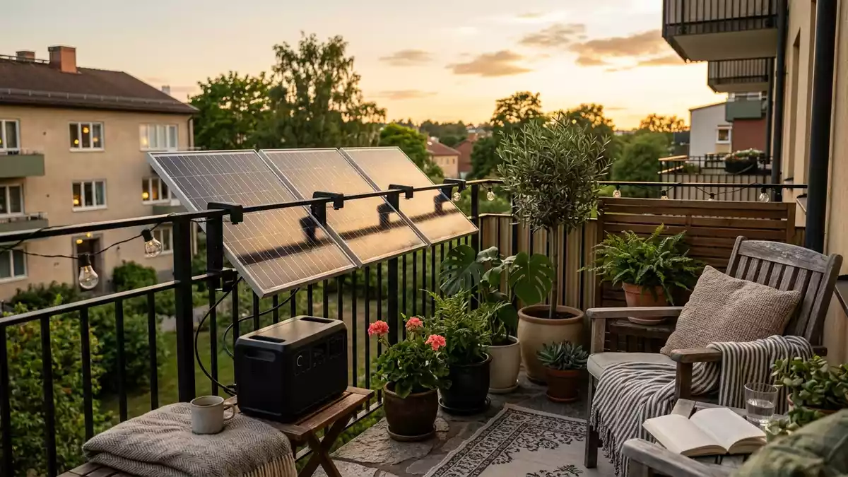 Fotorealistische Ansicht von Solarstromset bei Topfpflanzen in warmem Abendlicht