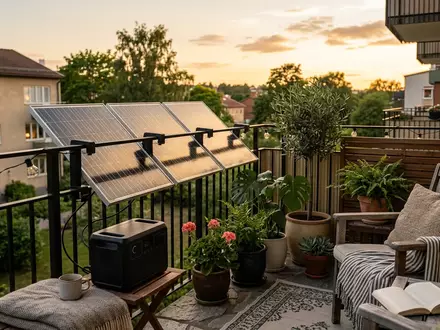 Fotorealistische Aufnahme von Solarstromset bei Topfpflanzen zum Thema EcoFlow PowerStream 800W Balkonkraftwerk, warmes Abendlicht - Foto: THN