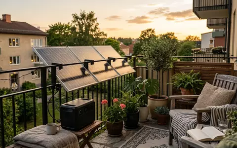 Fotorealistische Aufnahme von Solarstromset bei Topfpflanzen zum Thema EcoFlow PowerStream 800W Balkonkraftwerk, warmes Abendlicht - Foto: THN