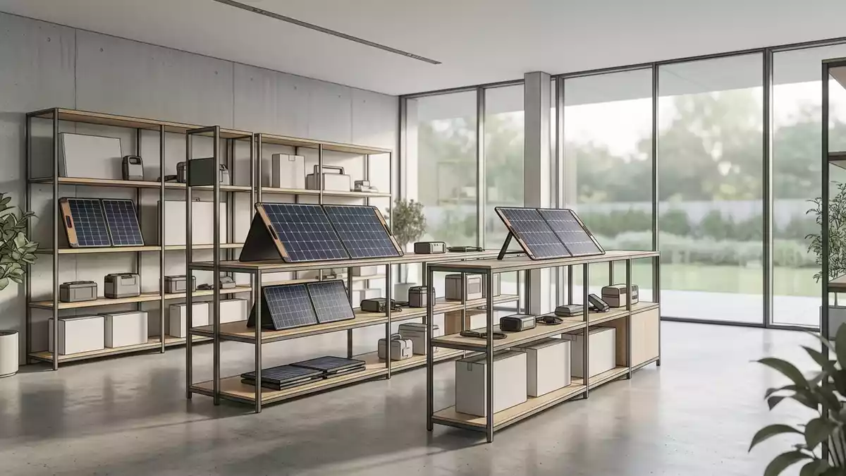 Architektur-Render im Outdoor Energiehandel mit Faltbares Solarpanel im Ausstellungsbereich