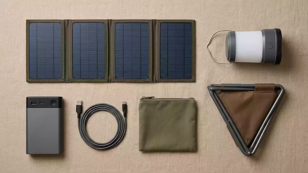 Flatlay-Arrangement rund um Faltbares Solarpanel mit passenden Requisiten von oben