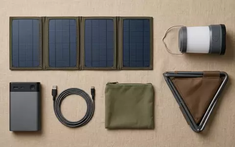 Flatlay-Arrangement rund um Faltbares Solarpanel zum Thema EcoFlow 110W Faltbares Solarpanel, weiches Oberlicht - Foto: THN