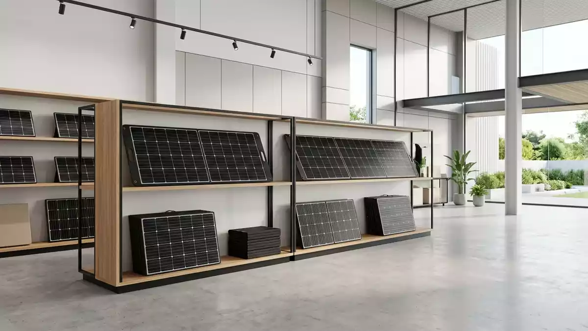 Architektur-Render im Outdoor Energiehandel mit Faltbares Solarpanel im Ausstellungsbereich