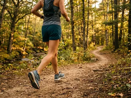 Fotorealistische Aufnahme von Laufschuhe im Wald zum Thema On Cloudrunner 2 Laufschuhe, warmes Abendlicht - Foto: THN