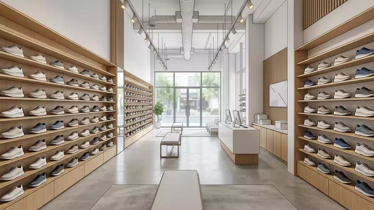 Architektur-Render im Laufsportgeschaeft mit Laufschuhe im Ausstellungsbereich