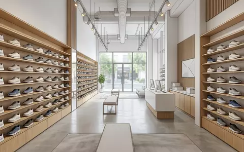 Architektur-Render im Laufsportgeschaeft mit Laufschuhe zum Thema On Cloudmonster 2 Laufschuhe, neutrales Tageslicht - Foto: THN