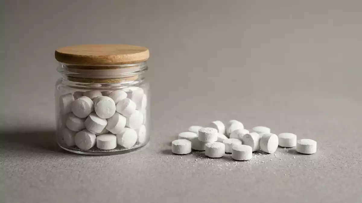 Fotorealistische Studioansicht von Zahnputztabletten in neutraler Produktdarstellung