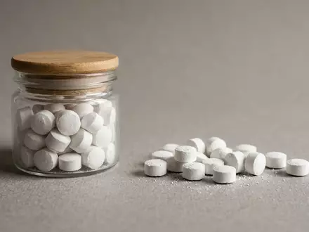 Fotorealistische Studioaufnahme von Zahnputztabletten zum Thema DENTTABS Zahnputztabletten mit Fluorid, klare Lichtfuehrung - Foto: THN
