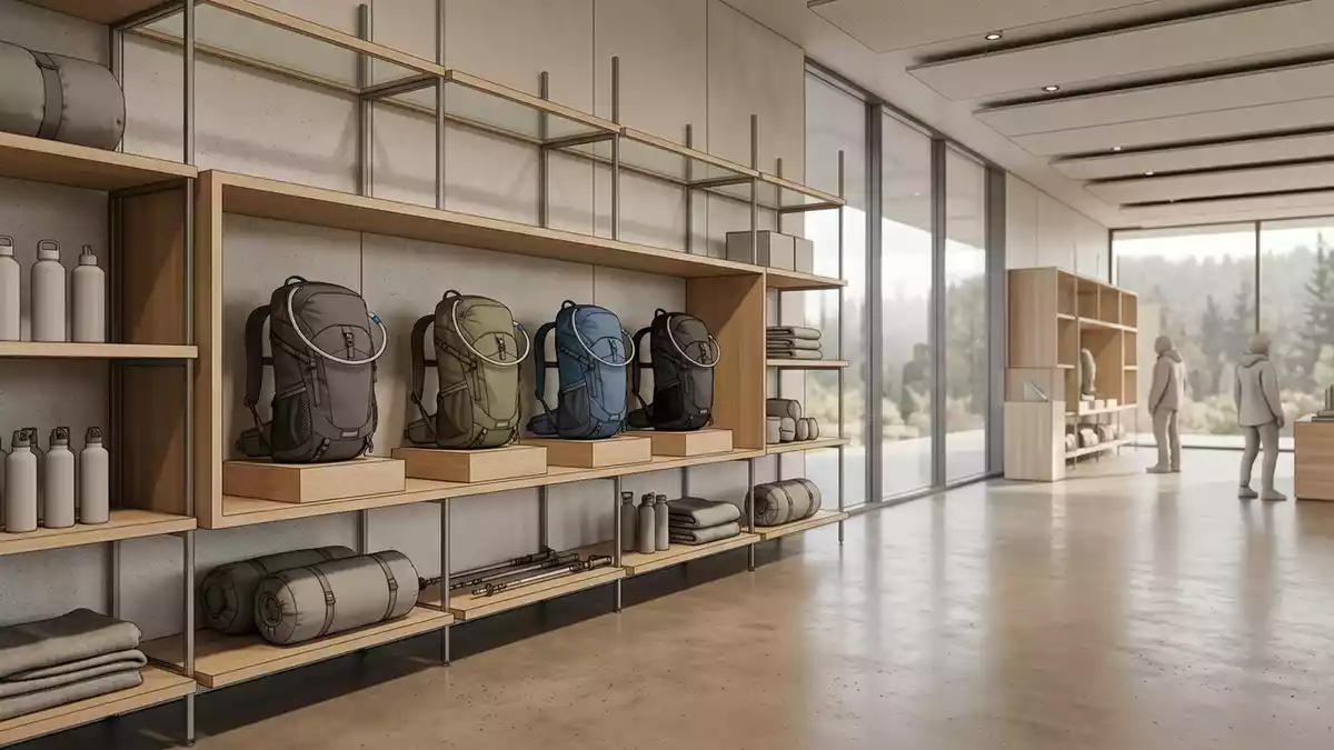 Architektur-Render im Outdoorladen mit Trinkrucksack im Ausstellungsbereich, neutral